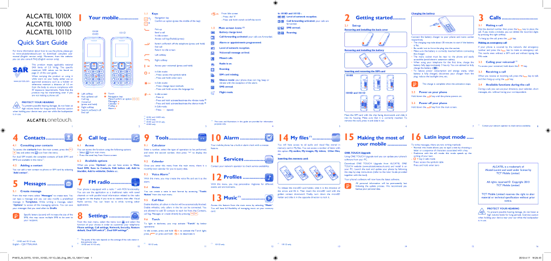 Alcatel 1011D, 1010D manual Your mobile, Getting started, Calls, Messages, FM radio, Settings, Services, Profiles, Music 