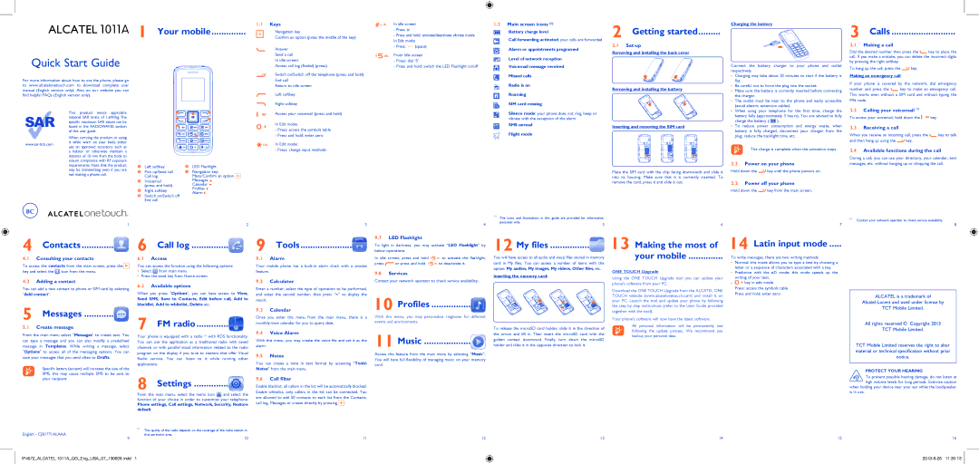 Alcatel 1011A manual Getting started, Calls, Contacts Call log, Tools, My files, Making the most Your mobile, Messages 