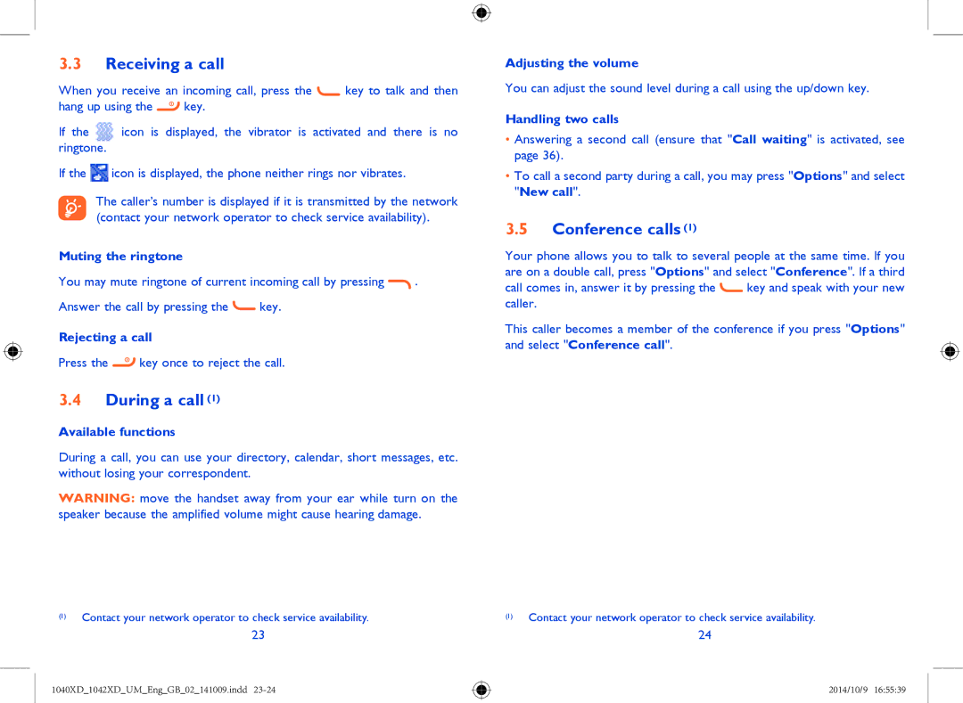 Alcatel 1042X, 1040X manual Receiving a call, During a call, Conference calls 