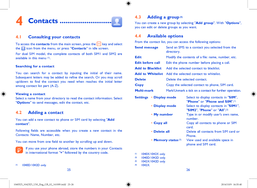 Alcatel 1040X, 1042X manual Contacts, Consulting your contacts, Adding a contact, Adding a group4, Available options 