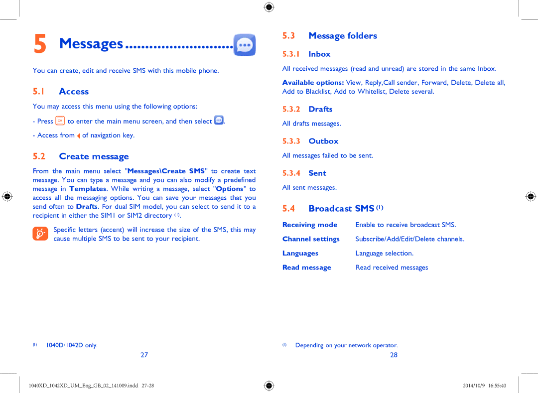 Alcatel 1042X, 1040X manual Messages, Access, Create message, Message folders, Broadcast SMS 