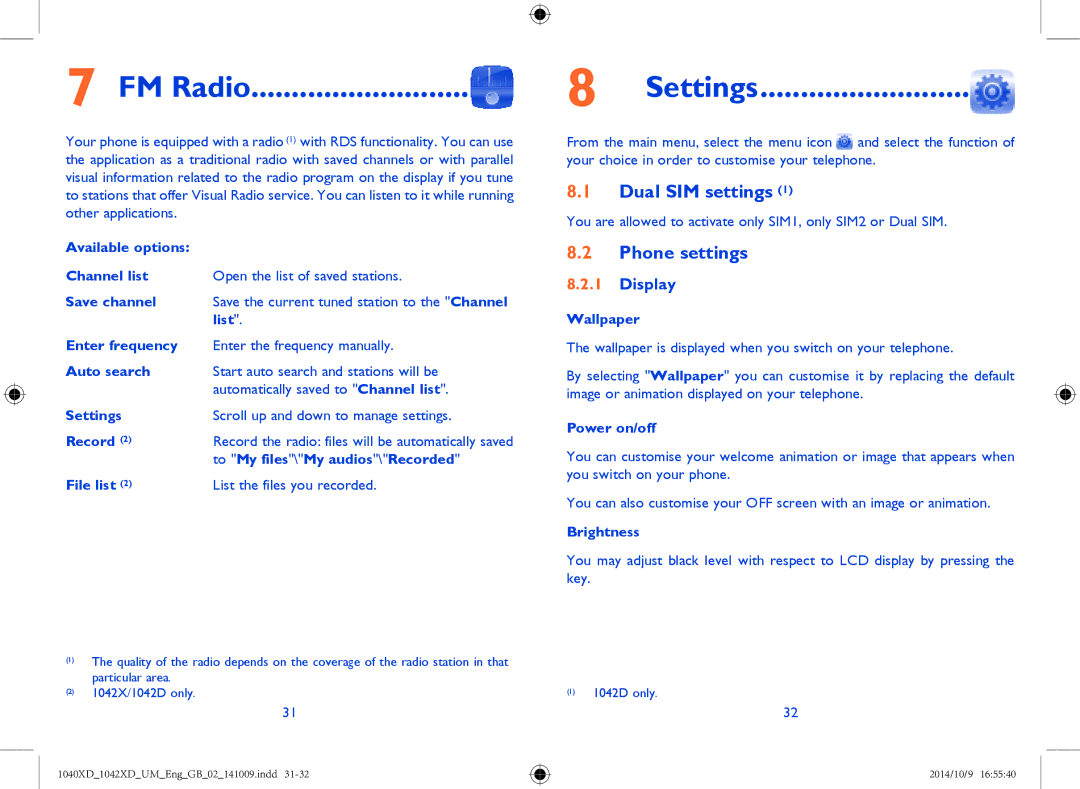Alcatel 1042X, 1040X manual FM Radio, Settings, Dual SIM settings, Phone settings, Display 