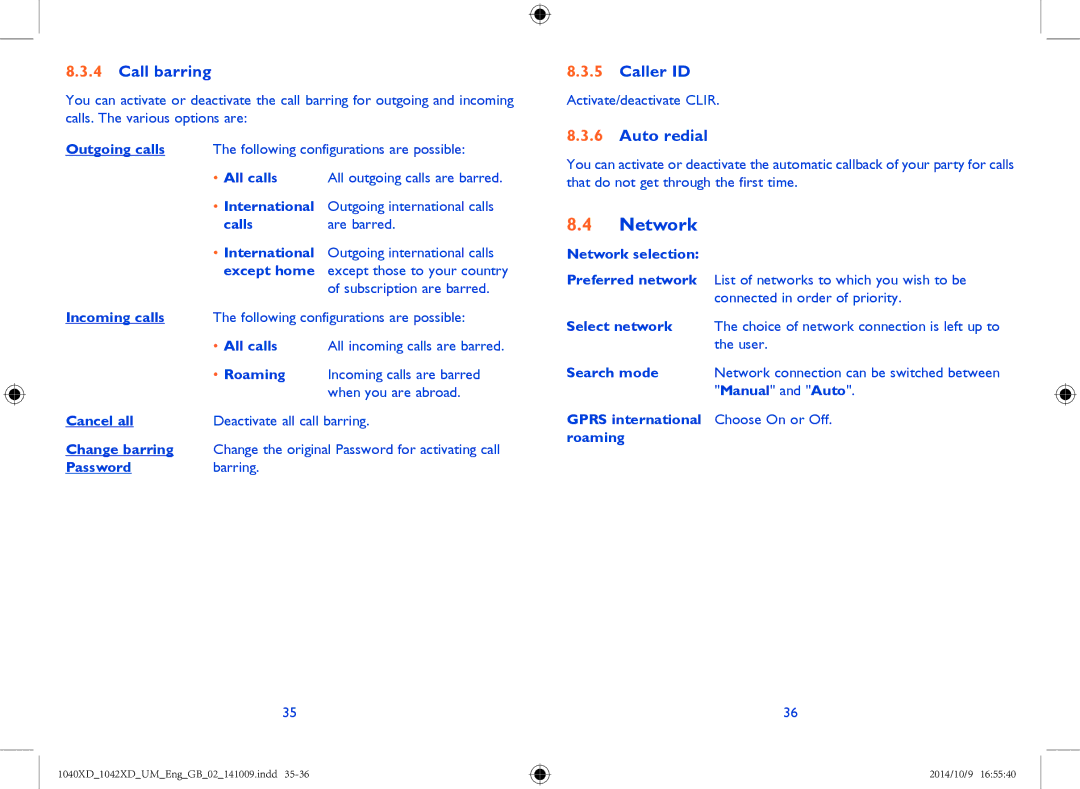 Alcatel 1042X, 1040X manual Network, Call barring, Caller ID, Auto redial 