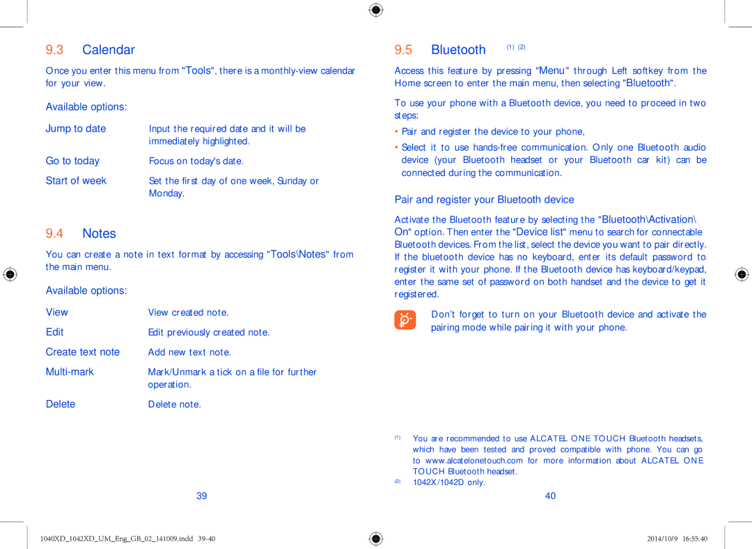 Alcatel 1042X, 1040X manual Calendar, Bluetooth 1 