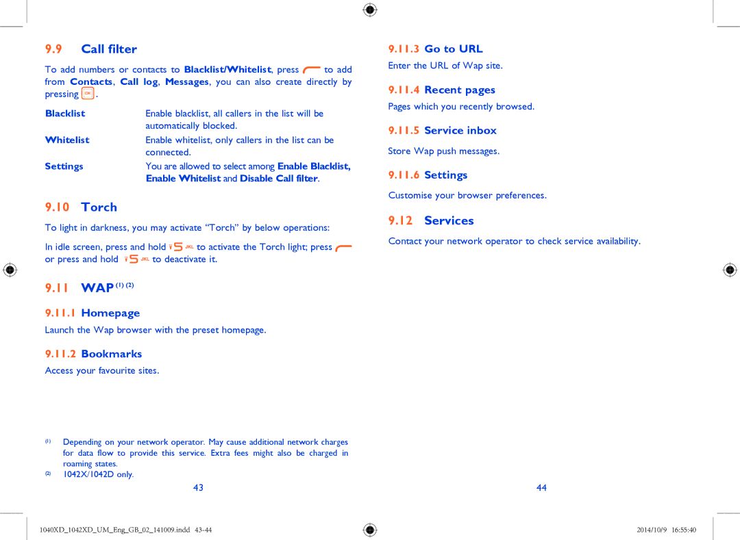 Alcatel 1042X, 1040X manual Call filter, Torch, Services 