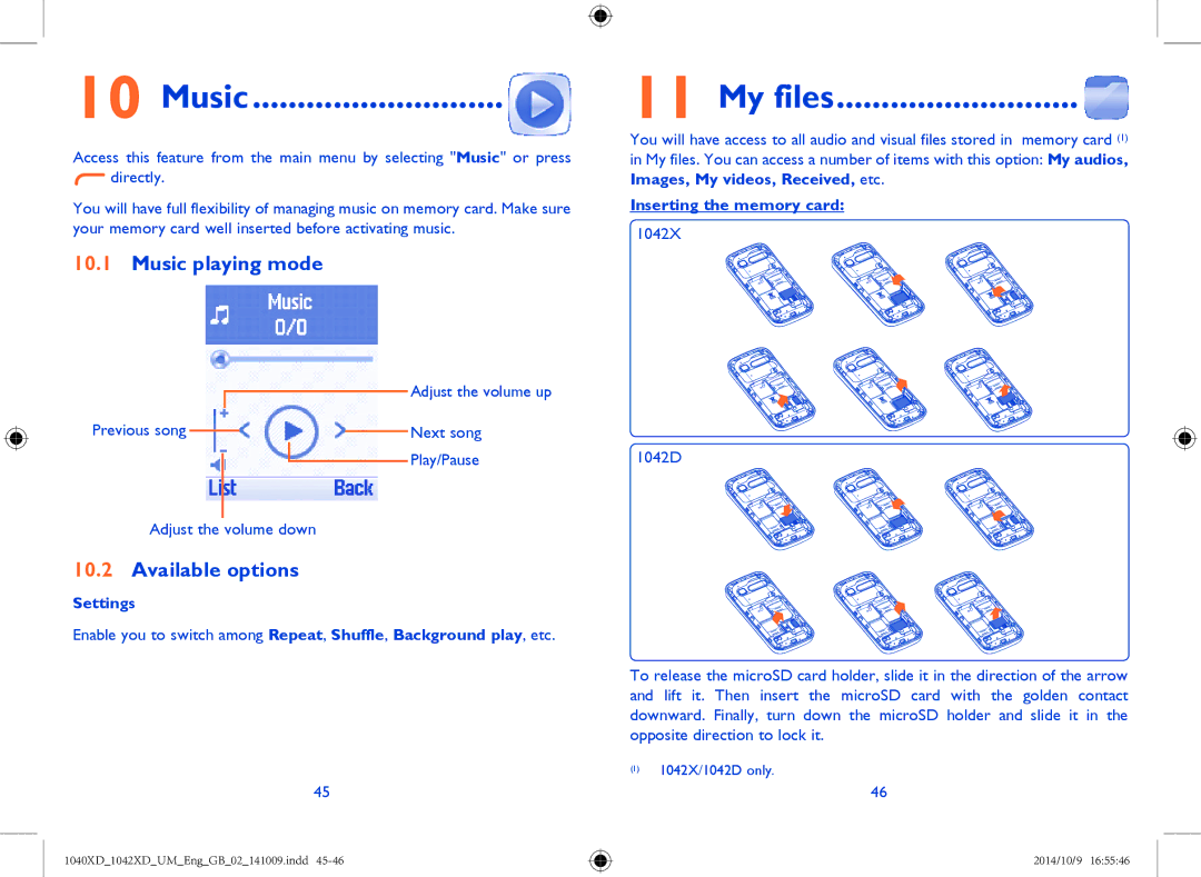 Alcatel 1040X, 1042X manual My files, Music playing mode, Inserting the memory card 