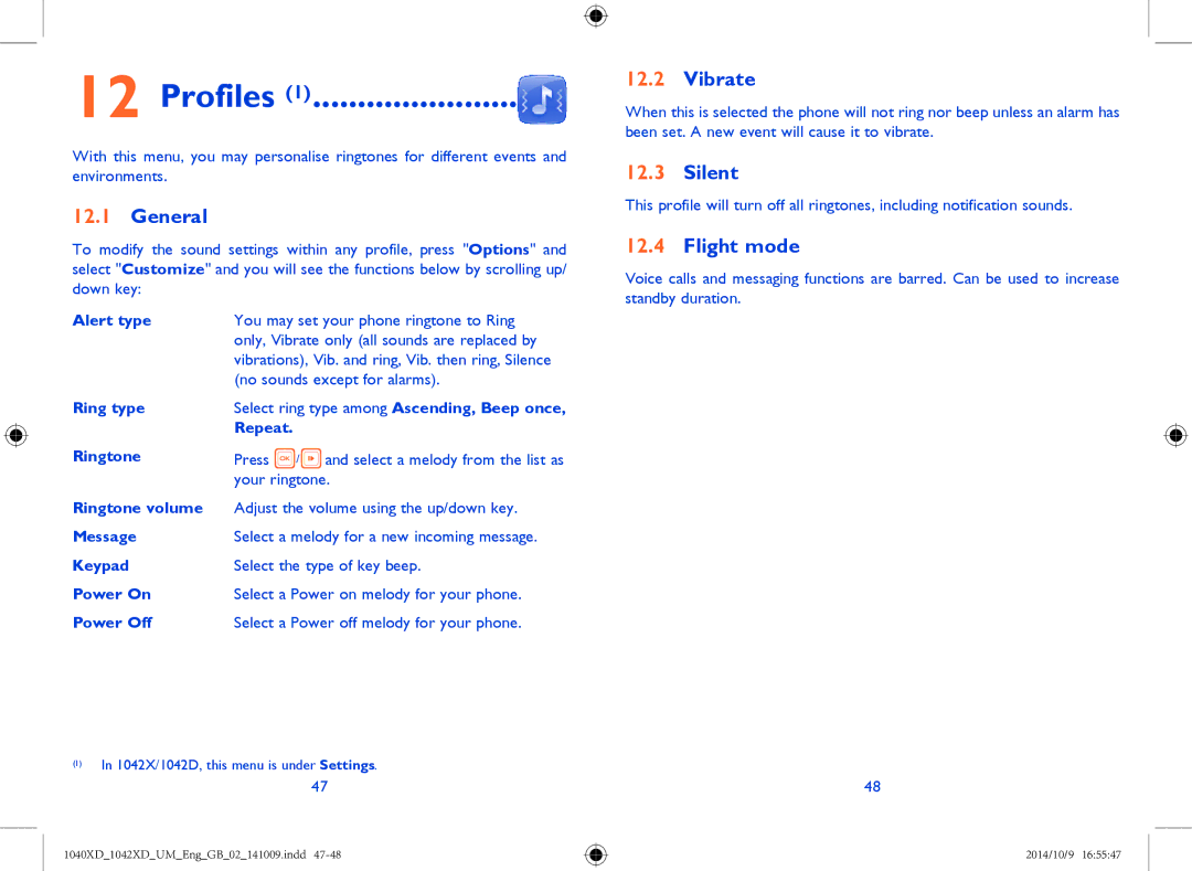 Alcatel 1042X, 1040X manual Profiles, General, Vibrate, Silent, Flight mode 