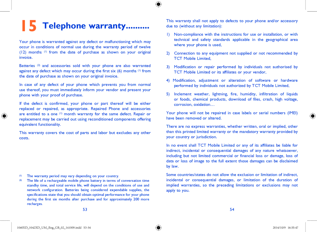 Alcatel 1040X, 1042X manual Telephone warranty 