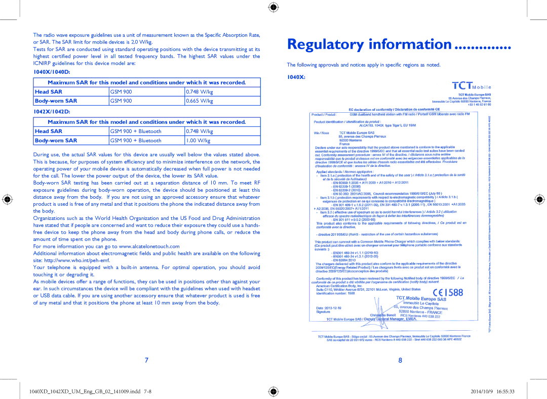 Alcatel 1042X, 1040X manual Regulatory information 