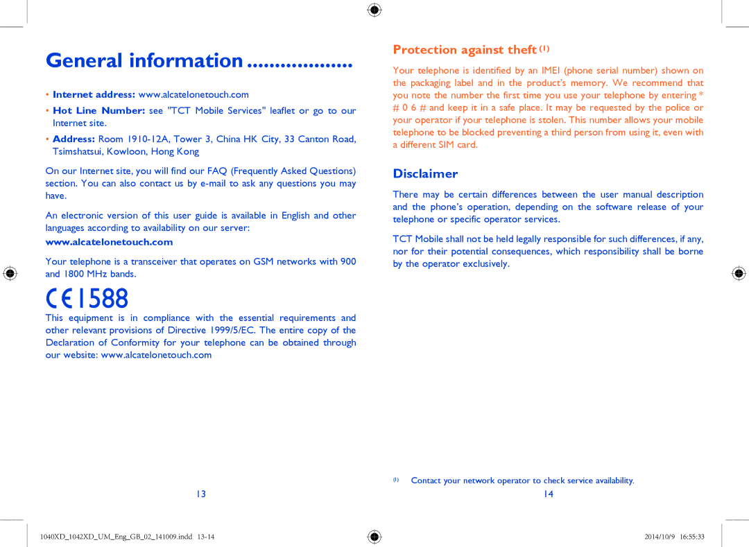 Alcatel 1040X, 1042X manual General information, Disclaimer 