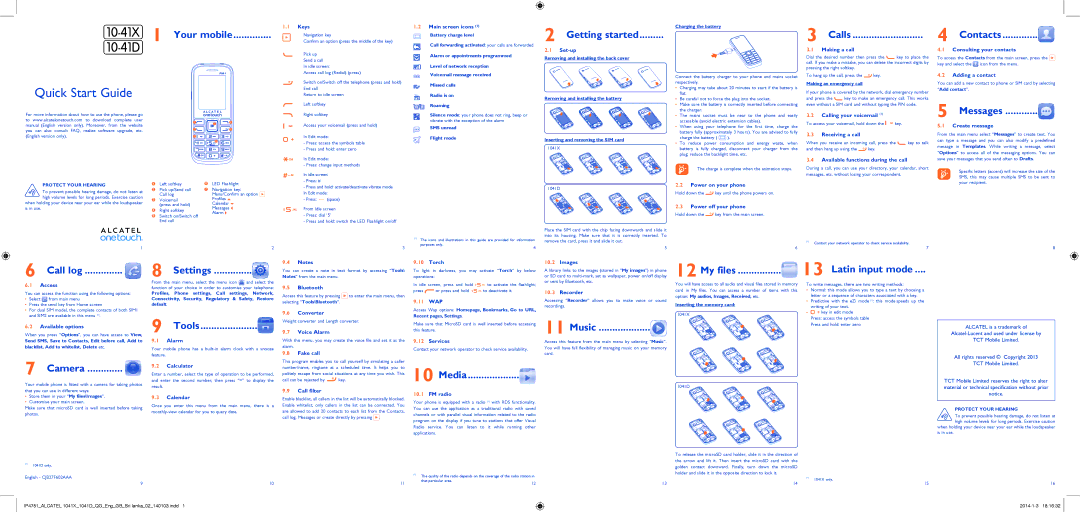 Alcatel 1041 manual Your mobile, Getting started, Calls, Contacts, Messages, Call log Settings, My files Latin input mode 