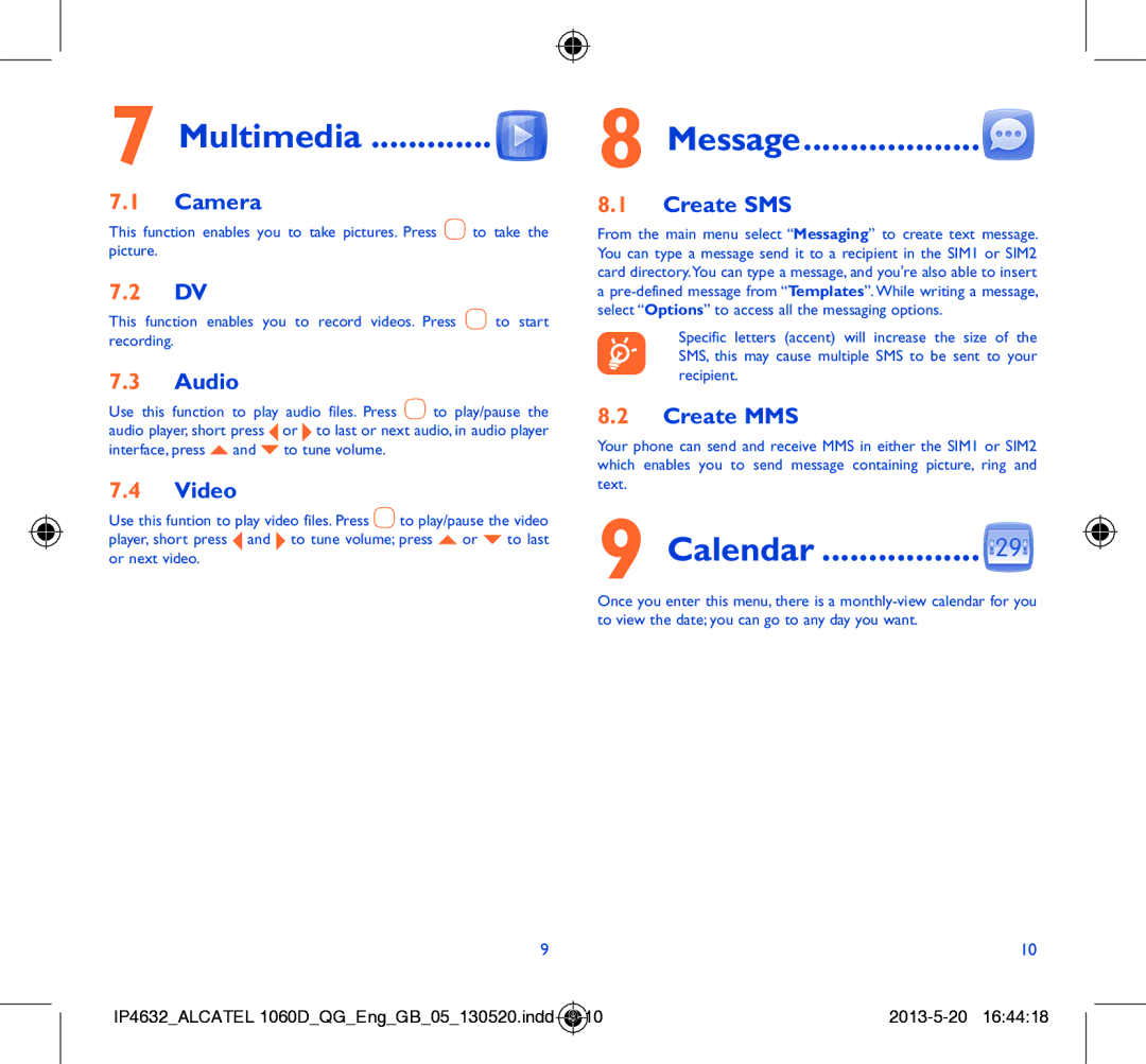 Alcatel 1060D manual Multimedia, Message, Calendar 