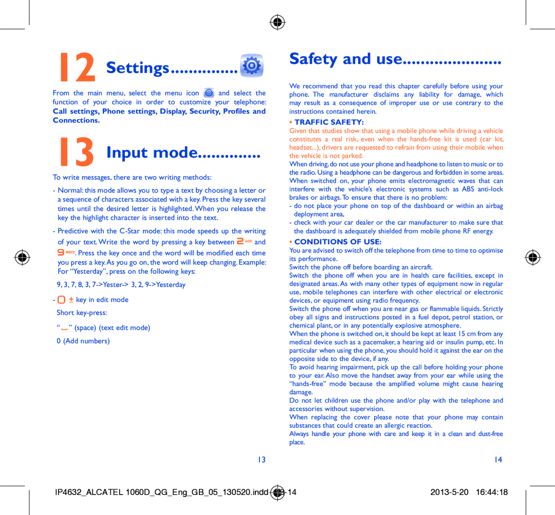 Alcatel 1060D manual Settings, Input mode, Safety and use, Traffic Safety, Conditions of USE 