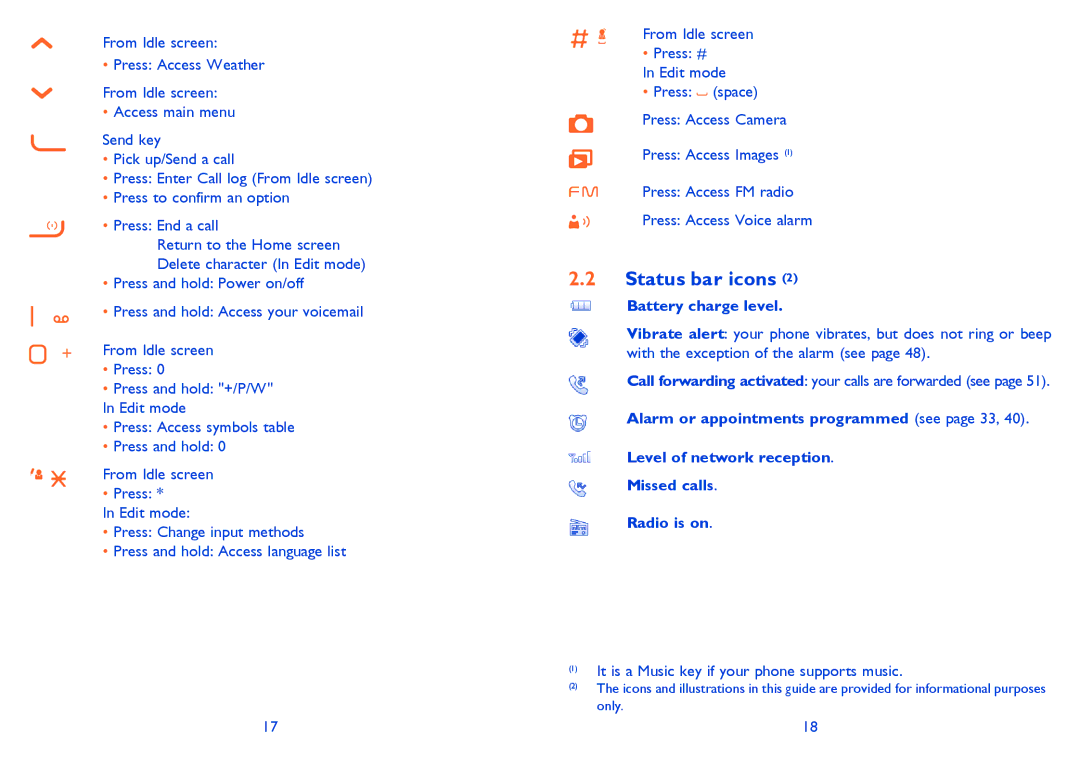 Alcatel 2001 manual Status bar icons, Battery charge level 