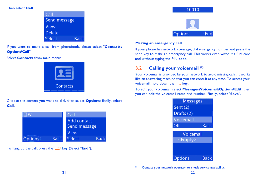 Alcatel 2001 manual Calling your voicemail, Making an emergency call 