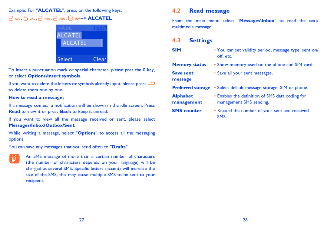 Alcatel 2001 manual Read message, Settings 