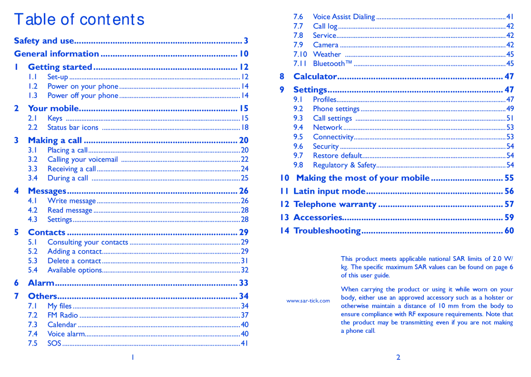 Alcatel 2001 manual Table of contents 