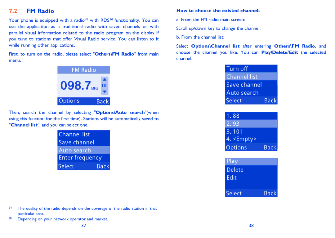 Alcatel 2001 manual FM Radio, How to choose the existed channel 