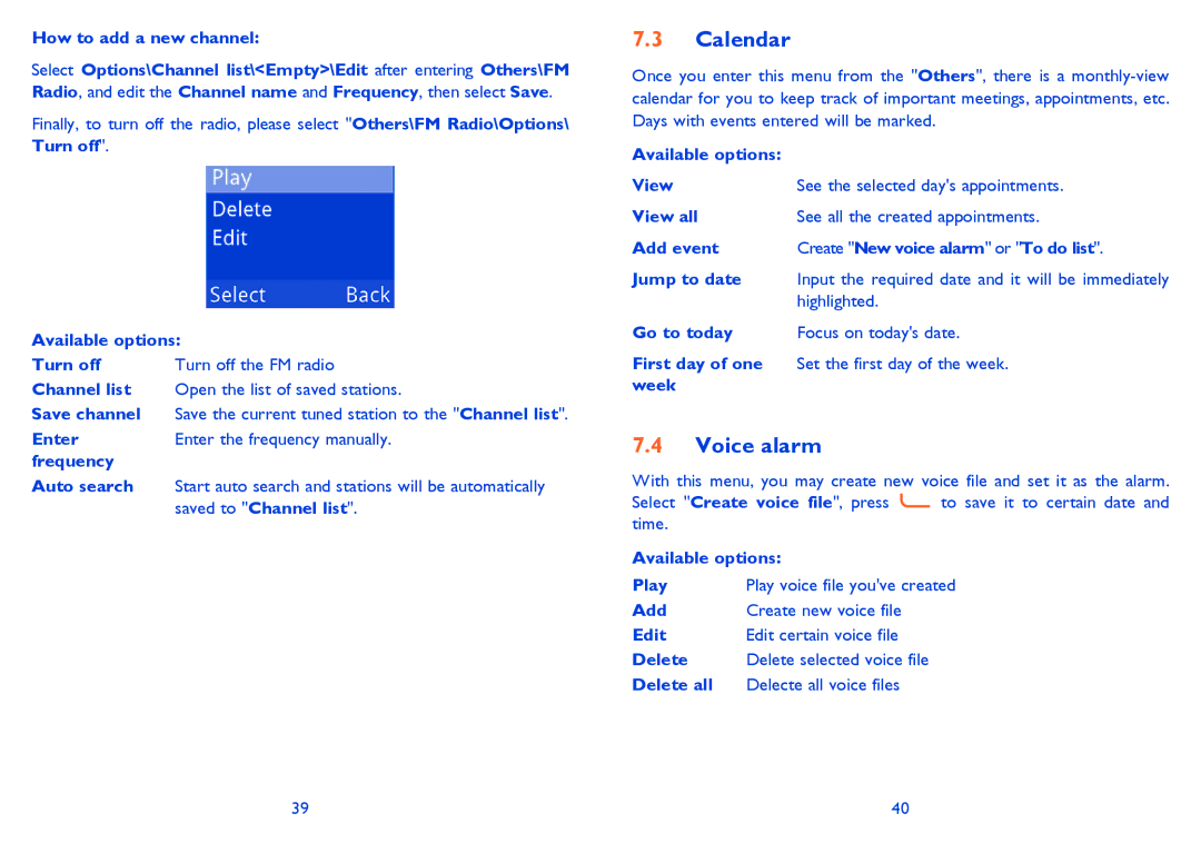 Alcatel 2001 manual Calendar, Voice alarm 