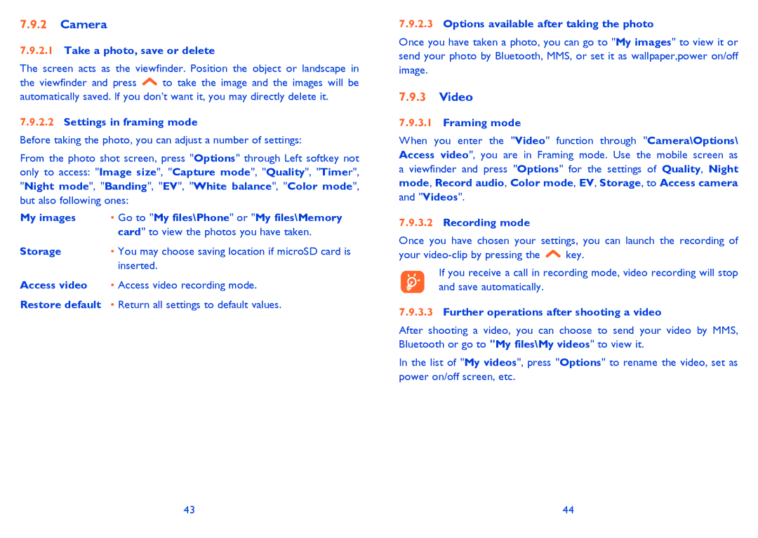 Alcatel 2001 manual Camera, Video 
