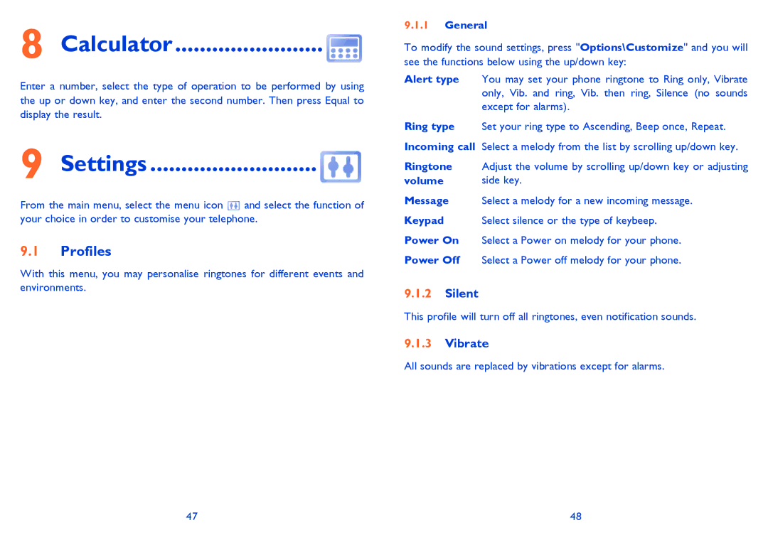 Alcatel 2001 manual Calculator, Settings, Profiles, Silent, Vibrate 