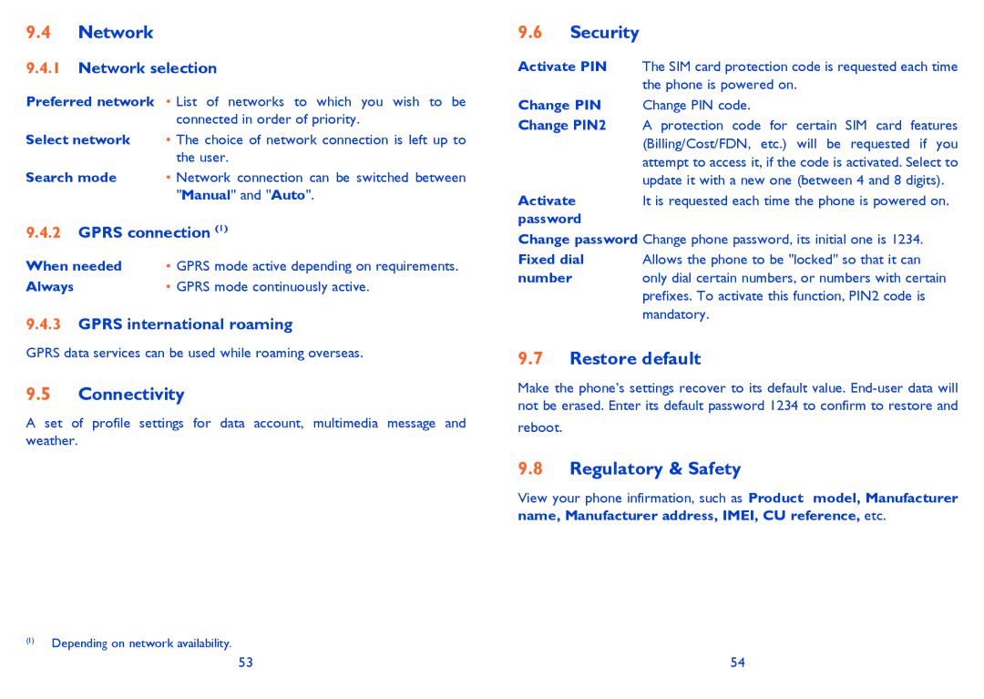 Alcatel 2001 manual Network, Connectivity, Security, Restore default, Regulatory & Safety 