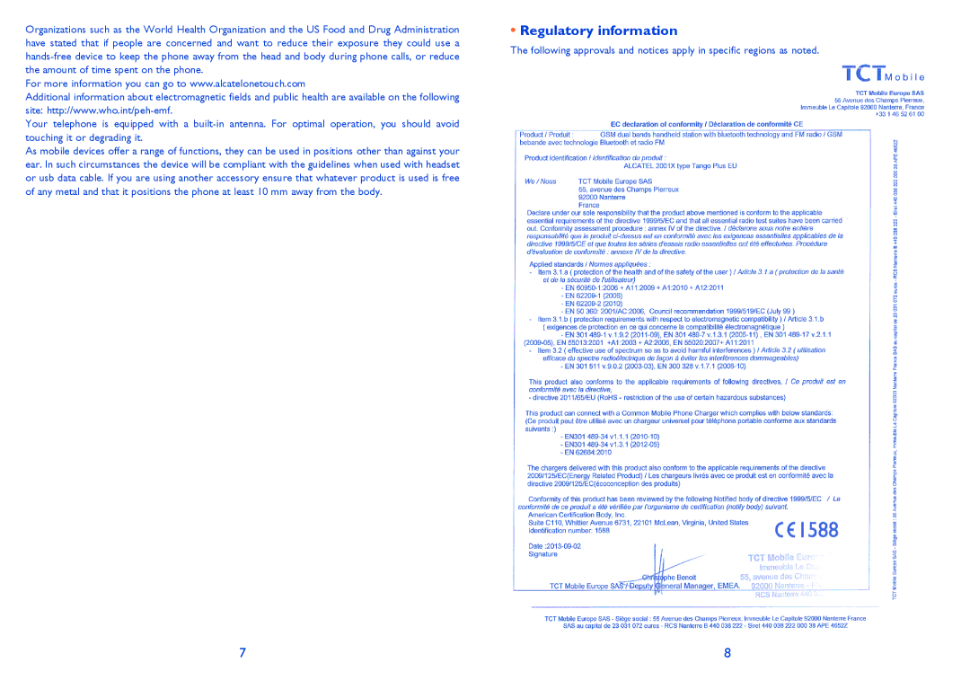 Alcatel 2001 manual Regulatory information 