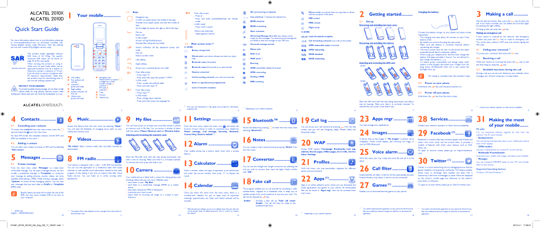 Alcatel 2010G manual Alcatel 2010X 1 Your mobile, Getting started, Making a call, Contacts, Music, Videos, Alarm, Call log 