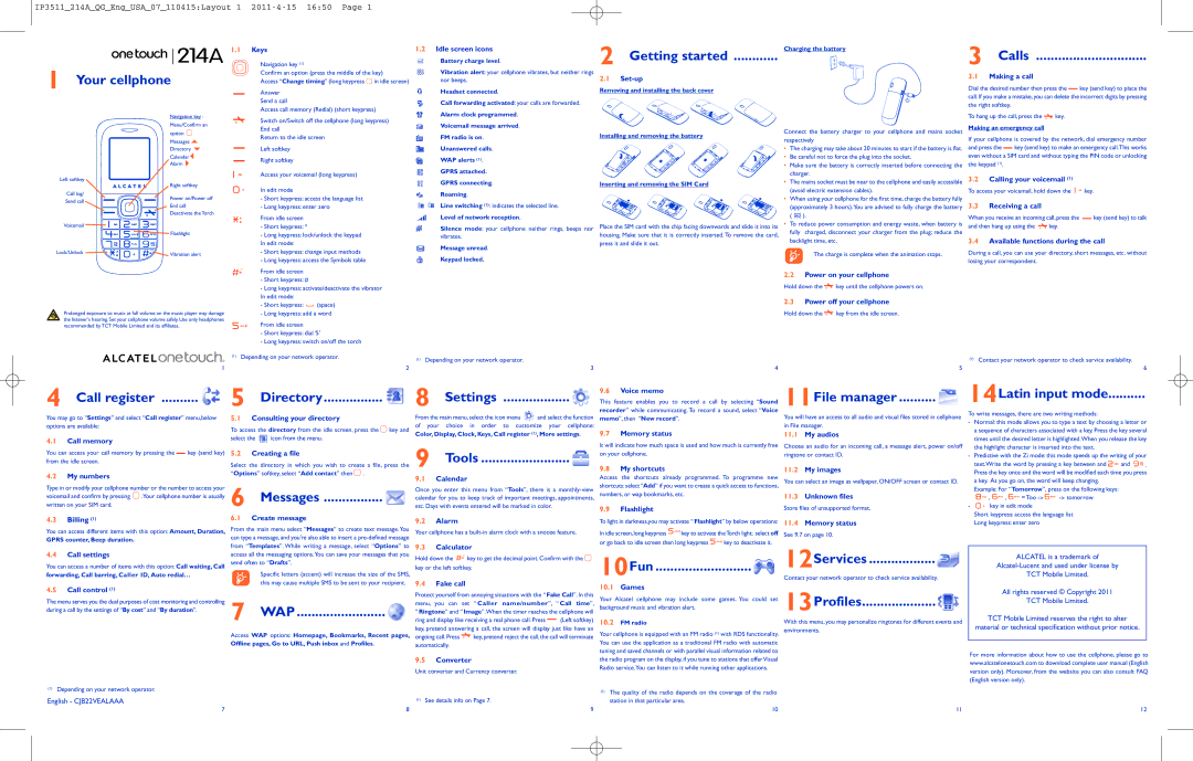 Alcatel 214A manual Getting started, Calls, Your cellphone, Call register Directory Settings, Tools, Messages, Wap, 10Fun 