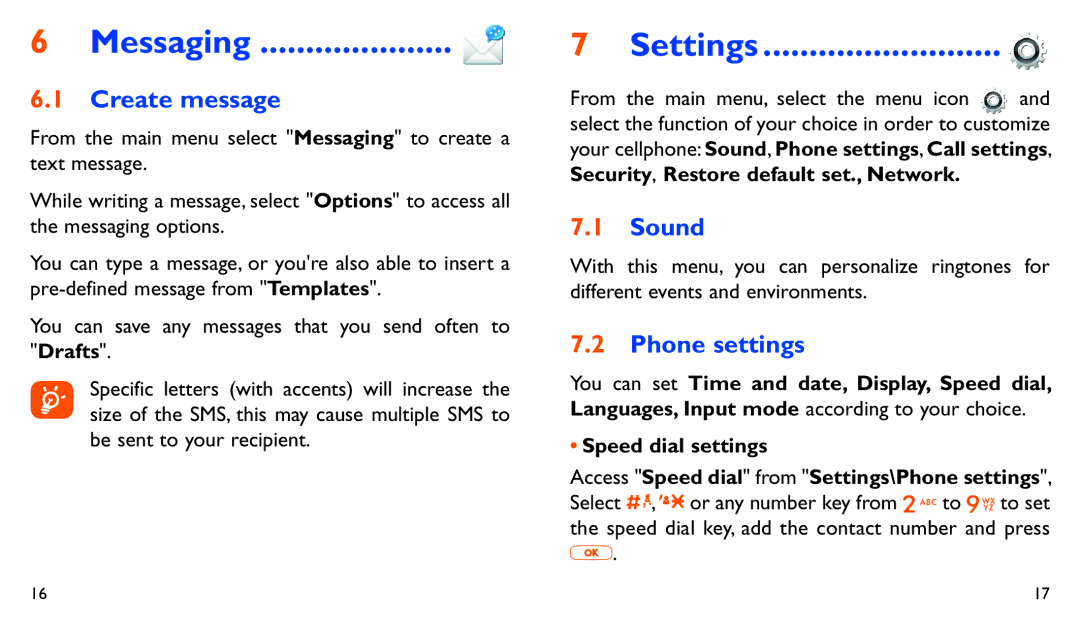 Alcatel 282A manual Messaging, Settings, Create message, Sound, Phone settings 