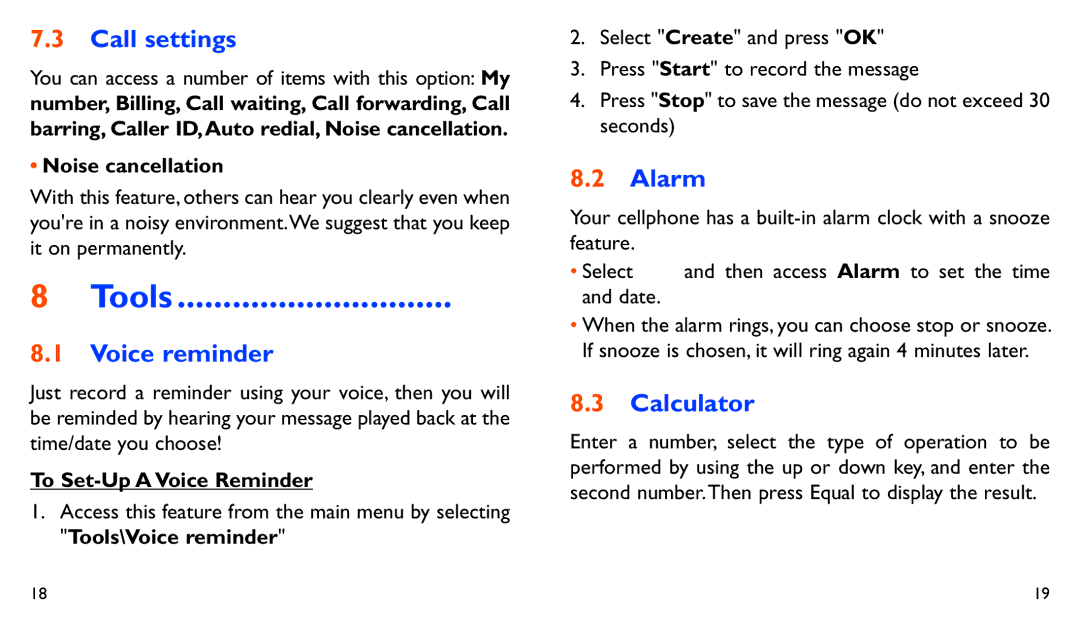 Alcatel 282A manual Tools, Call settings, Voice reminder, Alarm, Calculator 