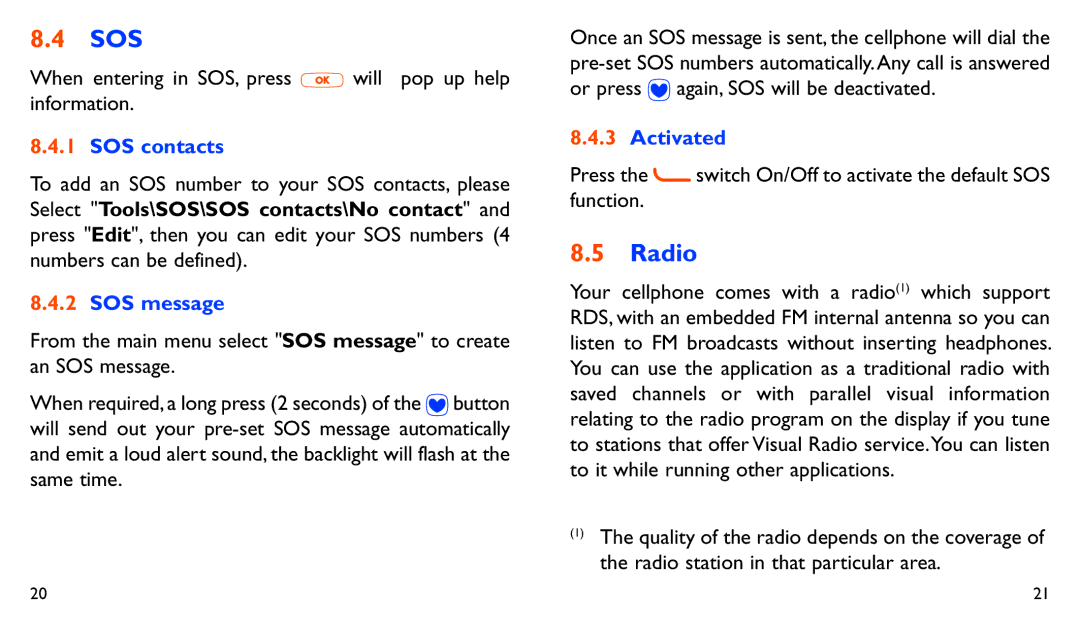 Alcatel 282A manual Sos, Radio 