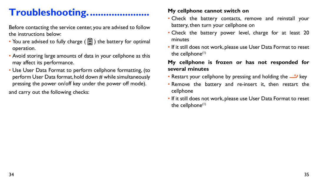 Alcatel 282A manual Troubleshooting, My cellphone cannot switch on 