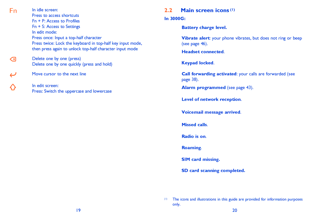 Alcatel manual Main screen icons, 3000G Battery charge level 