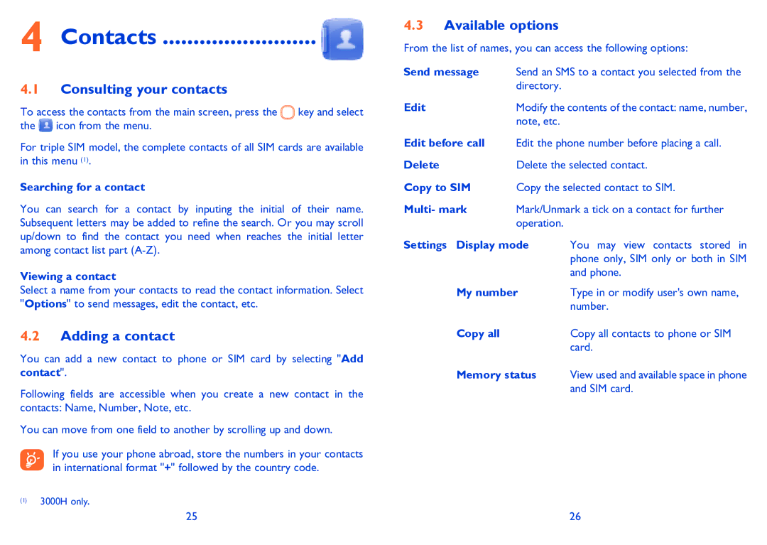 Alcatel 3000G manual Contacts, Consulting your contacts, Adding a contact, Available options 
