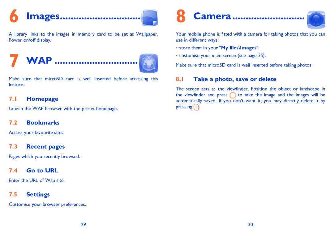 Alcatel 3000G manual Images, Wap, Camera 