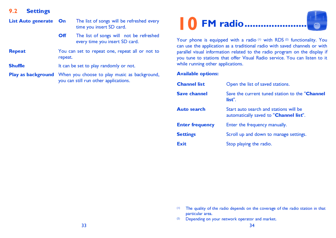 Alcatel 3000G manual FM radio, List Auto generate, Off, Repeat 