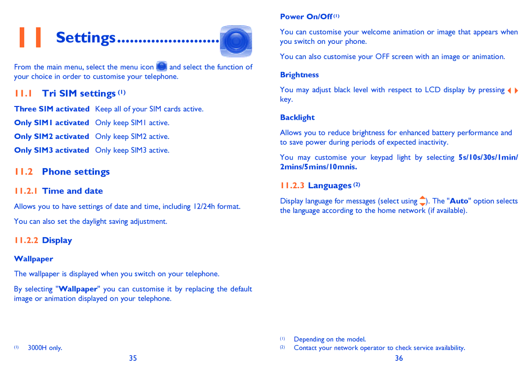 Alcatel 3000G manual Settings, Tri SIM settings, Phone settings 