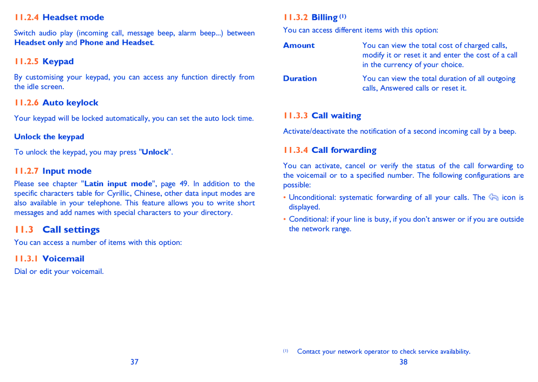 Alcatel 3000G manual Call settings, Unlock the keypad, Amount, Duration 