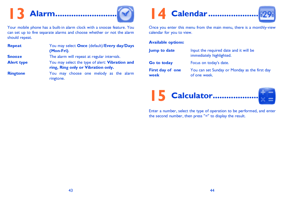 Alcatel 3000G manual Alarm, Calendar, Calculator 