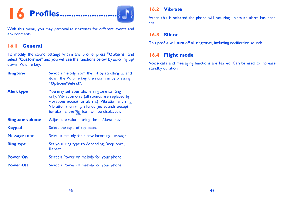 Alcatel 3000G manual Profiles, General, Vibrate, Silent, Flight mode 