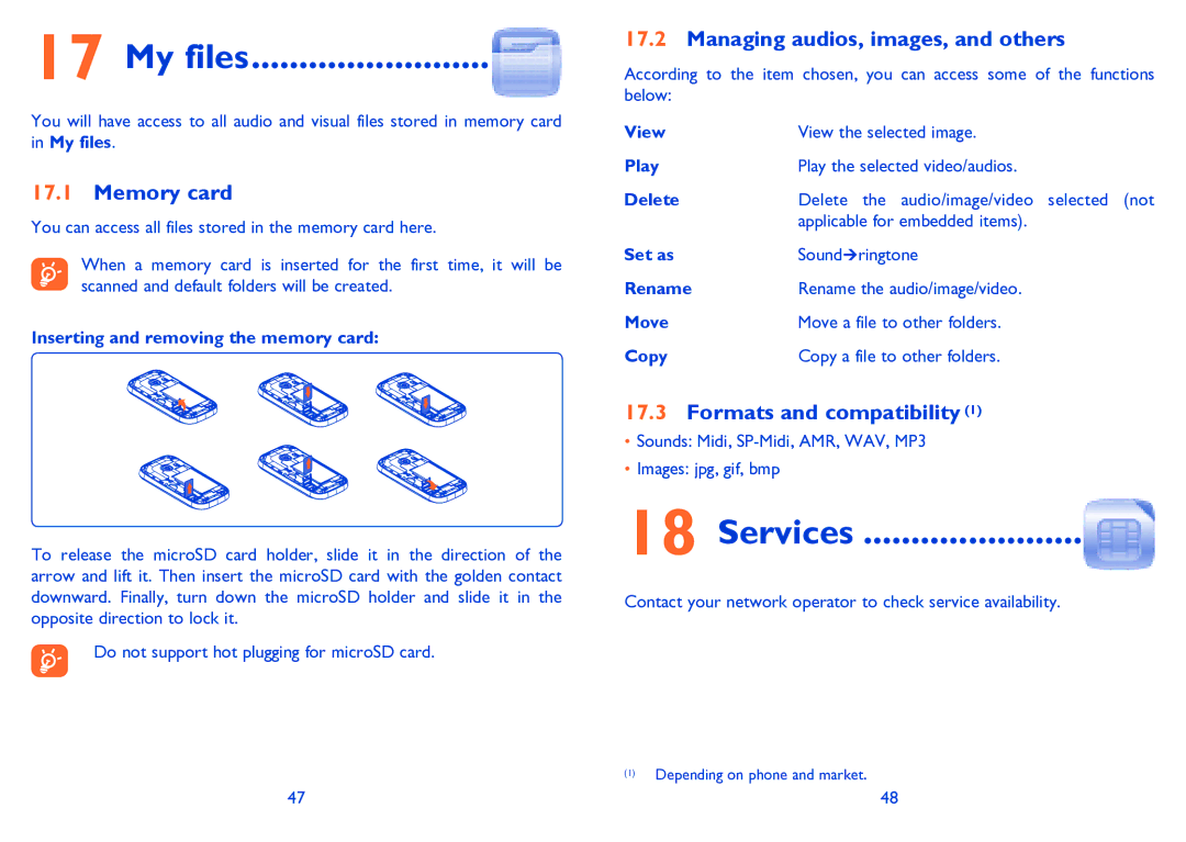 Alcatel 3000G manual My files, Services, Memory card, Managing audios, images, and others, Formats and compatibility 