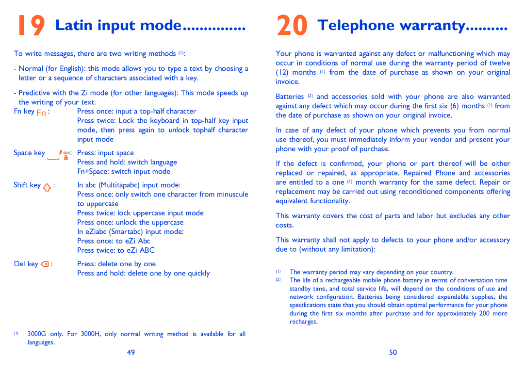 Alcatel 3000G manual Latin input mode, Telephone warranty 