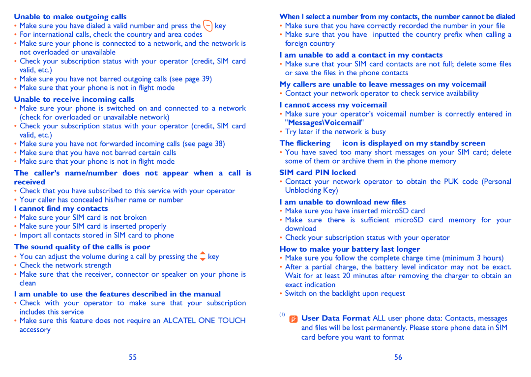 Alcatel 3000G manual Unable to make outgoing calls, Unable to receive incoming calls, Cannot find my contacts 