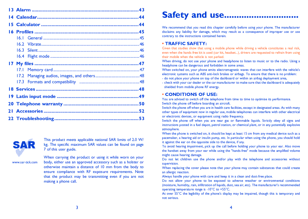 Alcatel 3000G manual Safety and use, Traffic Safety, Conditions of USE 