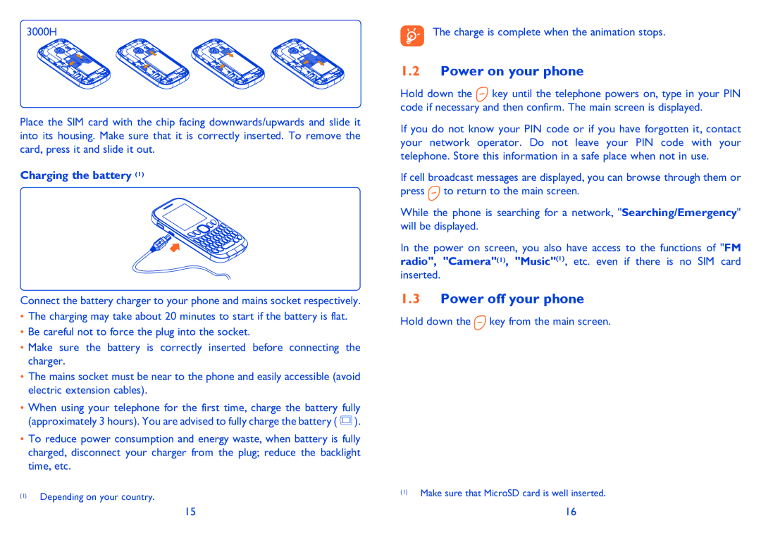 Alcatel 3000G manual Power on your phone, Power off your phone, Charging the battery 