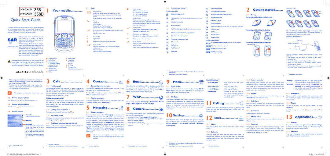 Alcatel 358D manual Your mobile, Getting started, Calls, Contacts, Media, Messaging, Camera, Settings, Call log, Tools 