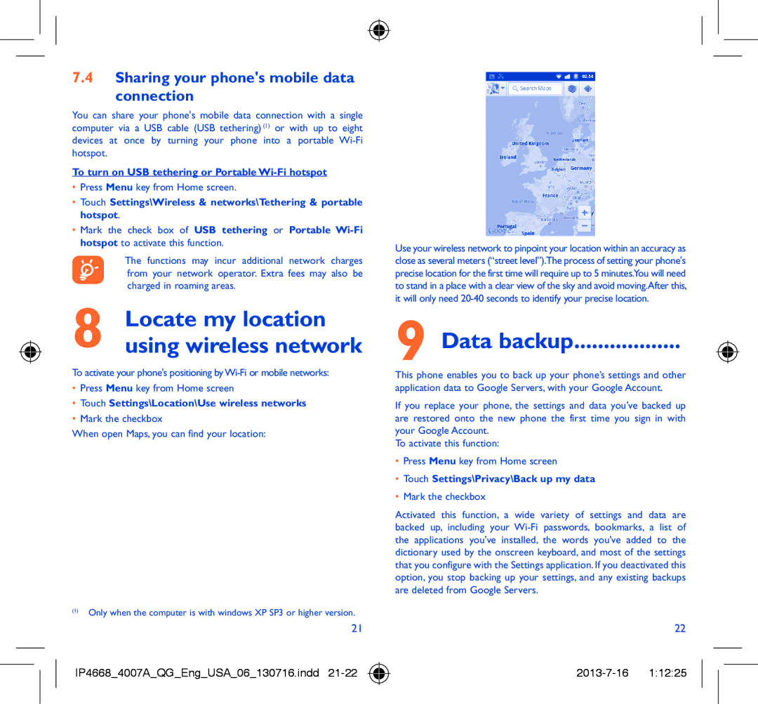 Alcatel 4007A Data backup, Sharing your phones mobile data Connection, To turn on USB tethering or Portable Wi-Fi hotspot 