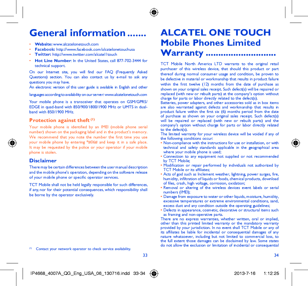 Alcatel 4007A manual Mobile Phones Limited Warranty, Disclaimer 