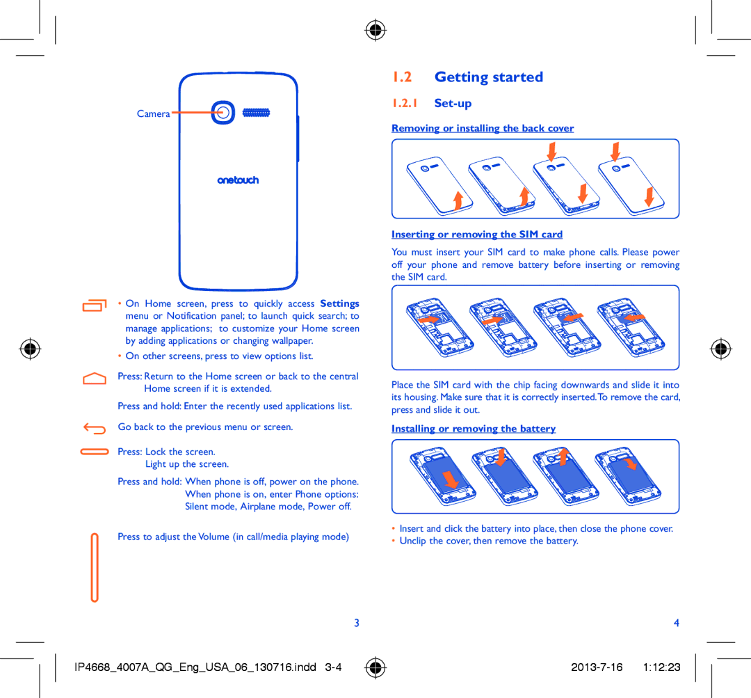 Alcatel 4007A manual Getting started, Set-up, Installing or removing the battery 